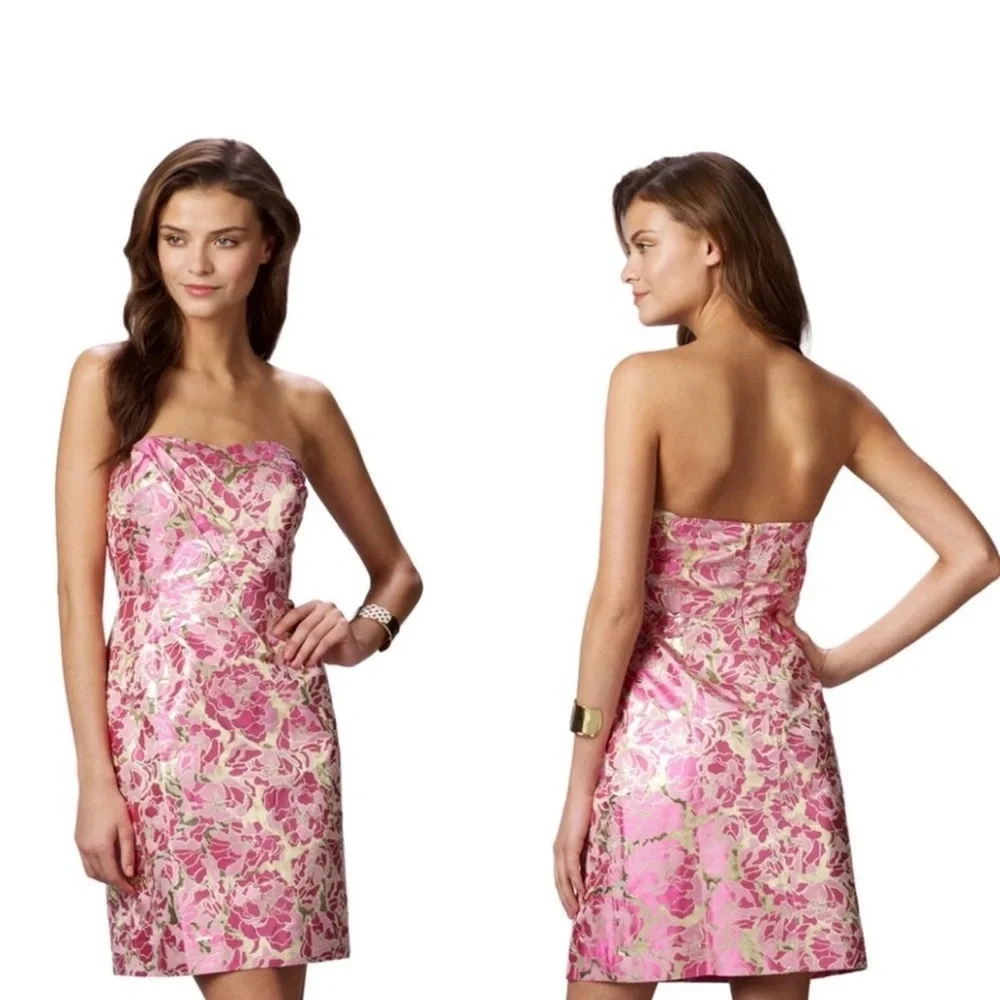 Lilly Pulitzer 🩷Raya Floral Metallic Gold Jacquard Pirates Bootyniere Dress - Picture 1 of 12